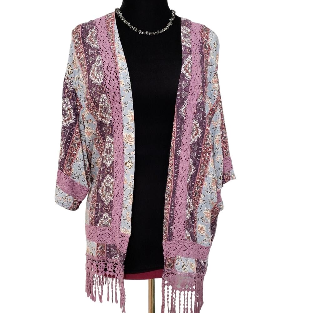 Andree by Unit Purple and Blue Floral‎ Fringe Lace Kimono Small